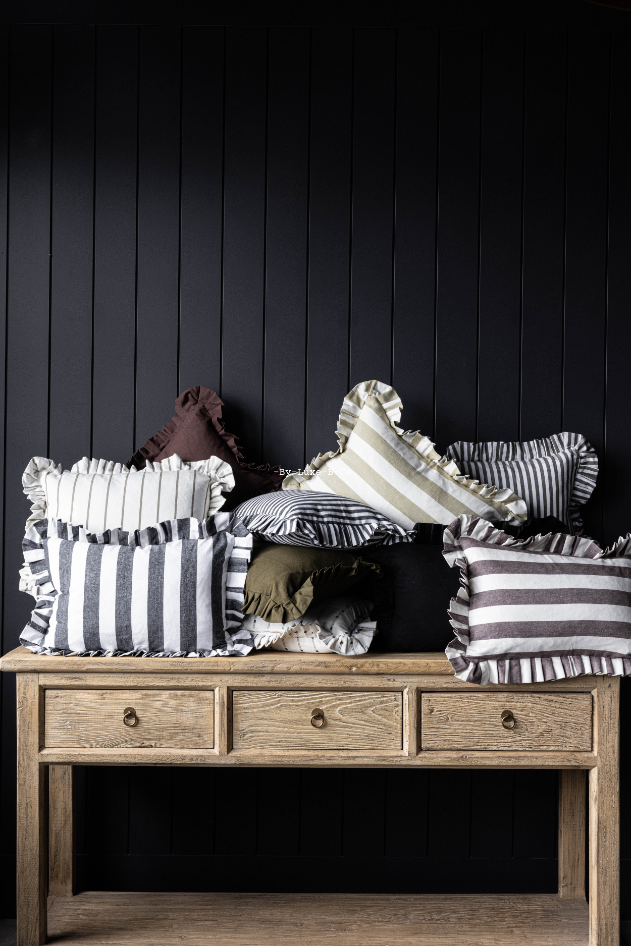 Thick Striped Brown Ruffled Lumbar Cushion Cover