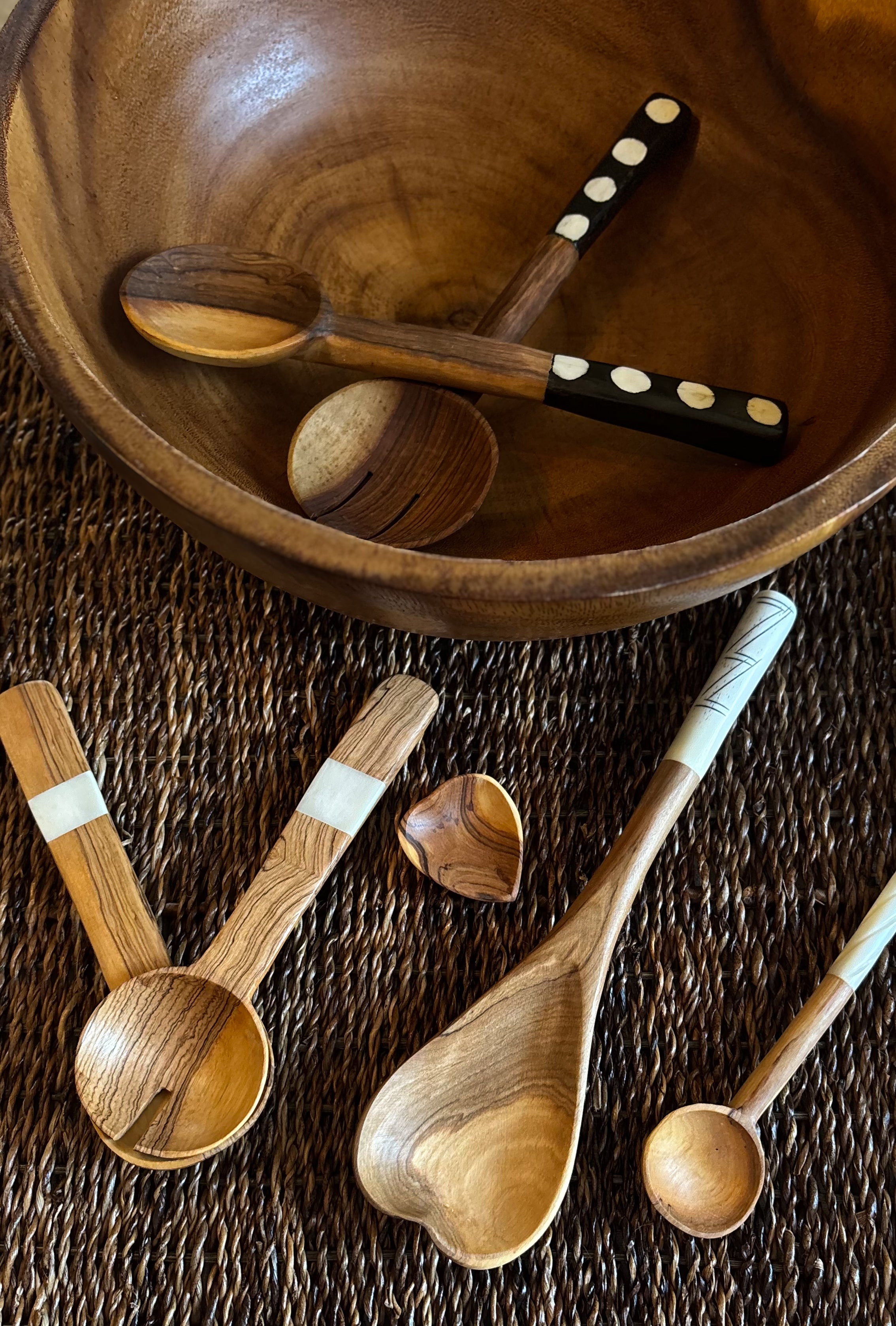 KENYA: Bold Polka Dot Olive Wood Salad Servers