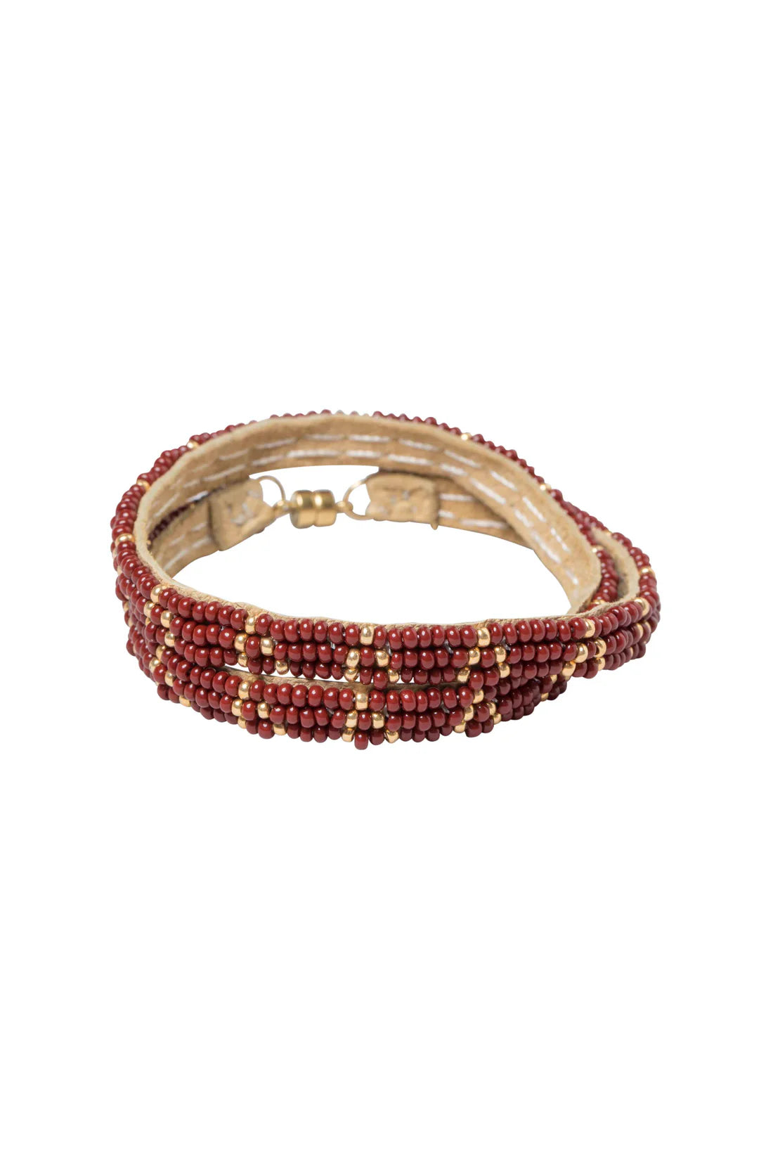 Bracelet bourgogne double tour à 3 points dorés de Tanzanie