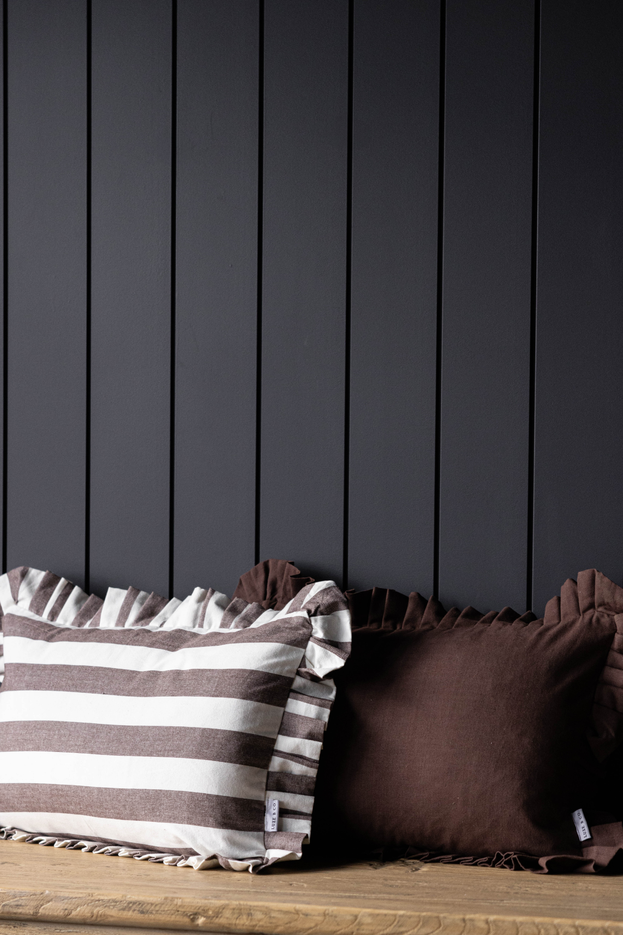 Thick Striped Brown Ruffled Lumbar Cushion Cover