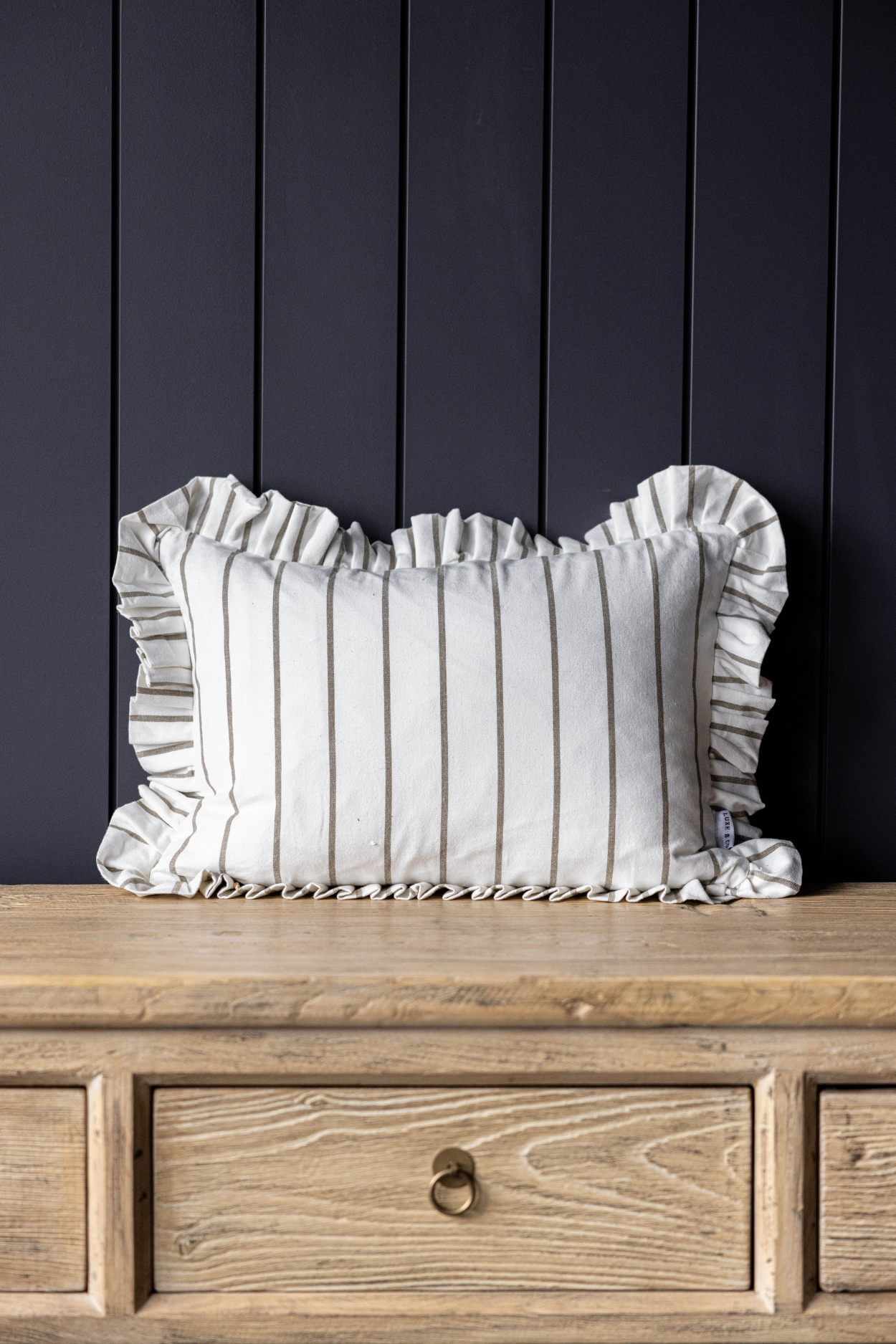 Lumbar Cushion Cover with Ruffles, White, Olive Green, and Thin Stripes