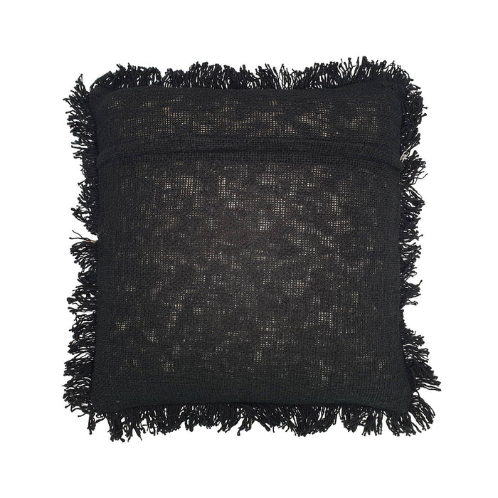 Black embroidered cotton cushion cover with fringes 50x50