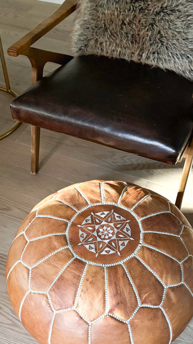 MOROCCO: Round pouf in "Tan" Moroccan leather (unpadded)
