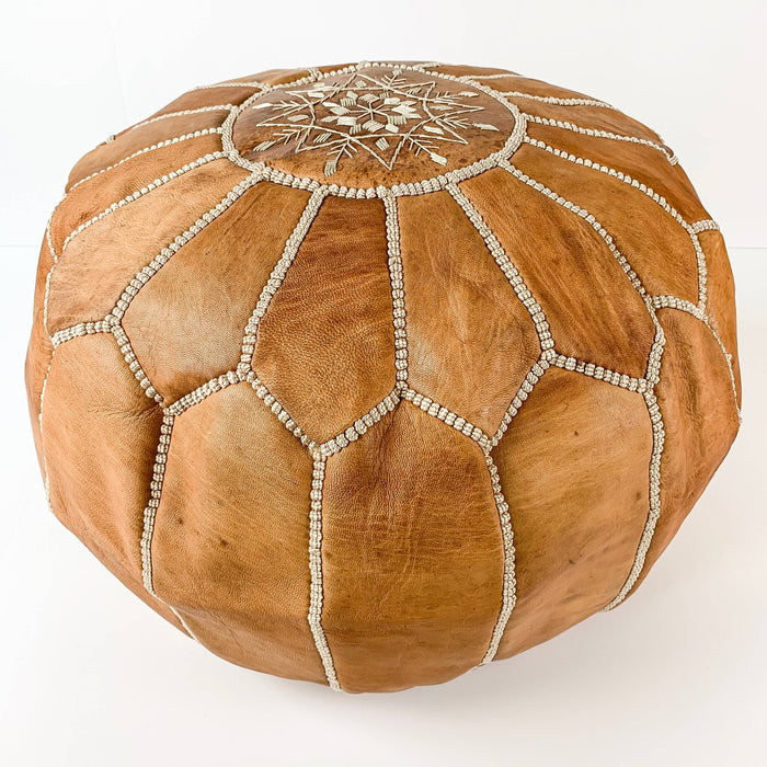 MOROCCO: Round pouf in "Tan" Moroccan leather (unpadded)