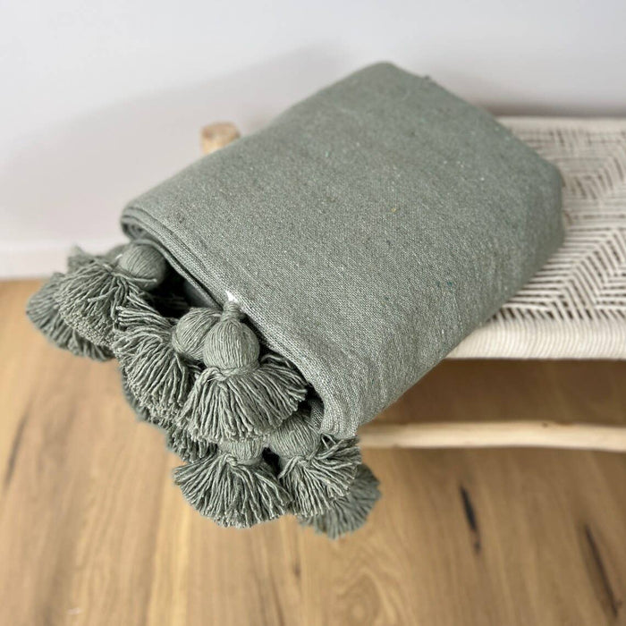 MOROCCO: Premium Handmade Feldgrau Tassel Throw Blanket from Morocco