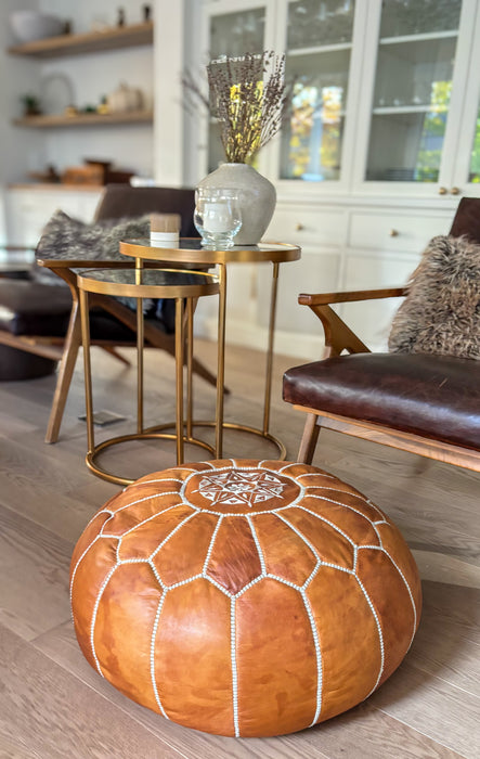 MOROCCO: Round pouf in "Tan" Moroccan leather (unpadded)