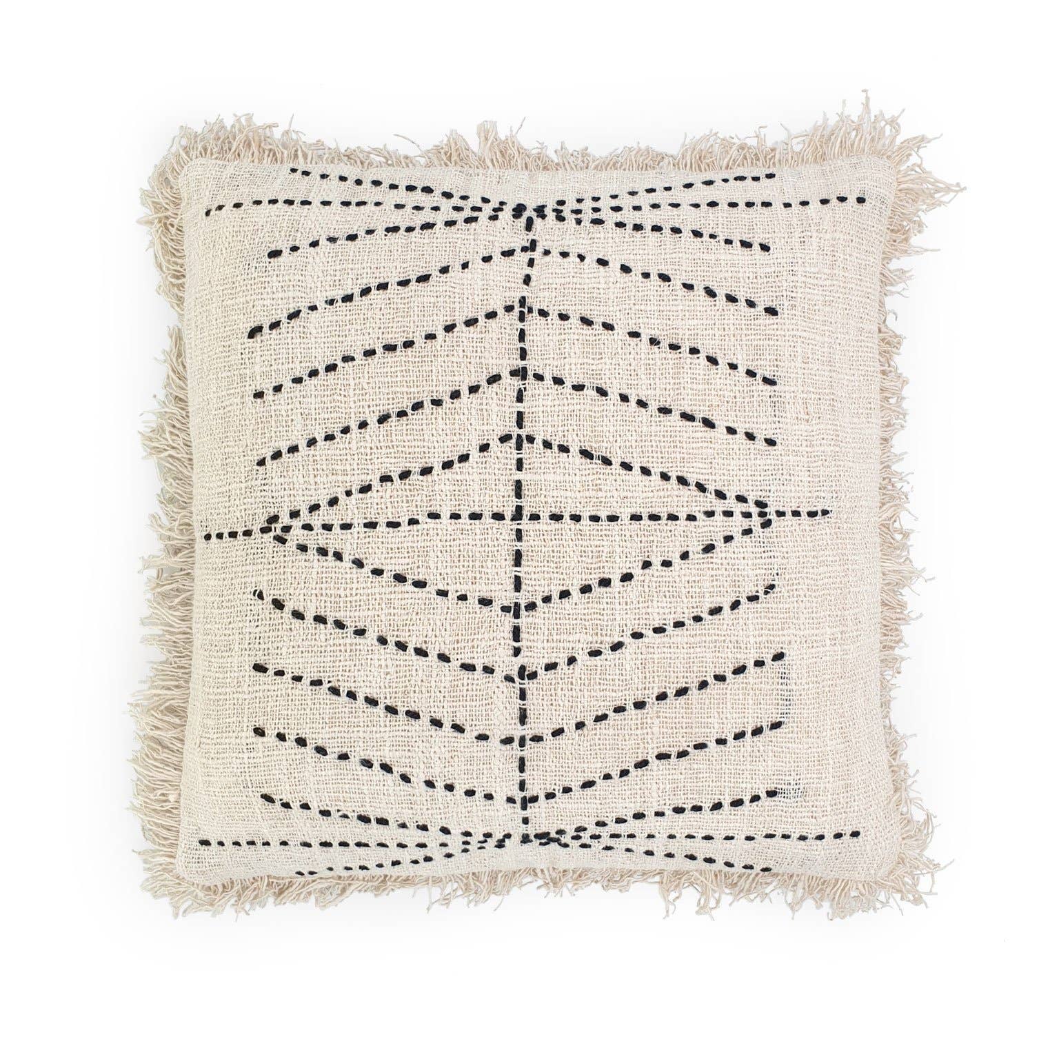 White embroidered cotton cushion cover with fringes 50x50