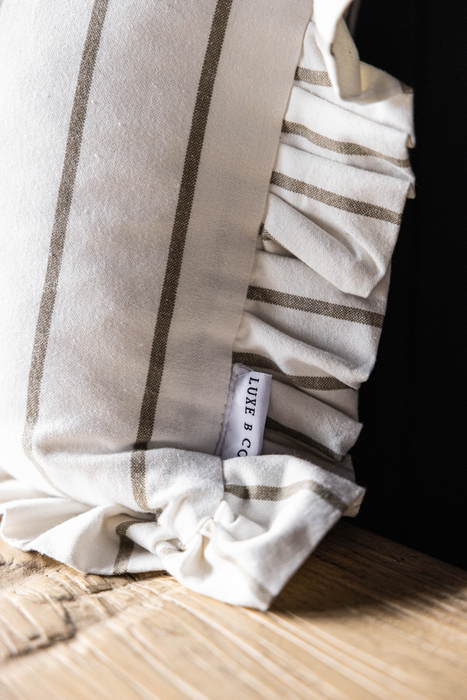 Lumbar Cushion Cover with Ruffles, White, Olive Green, and Thin Stripes