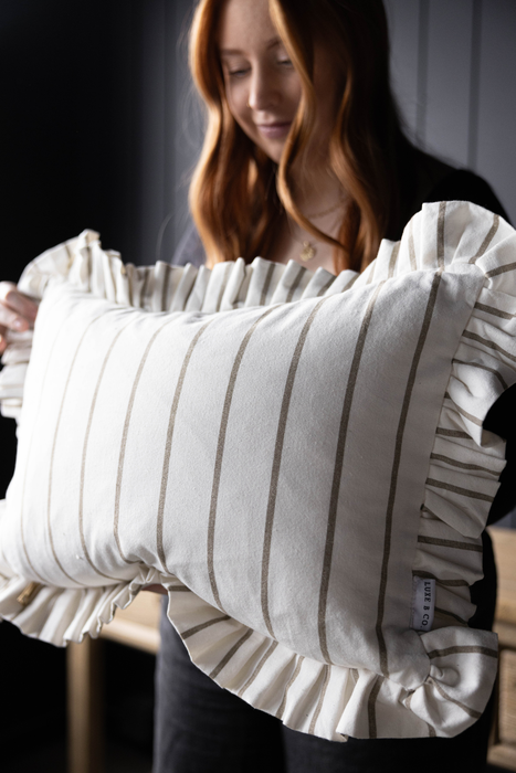 Lumbar Cushion Cover with Ruffles, White, Olive Green, and Thin Stripes