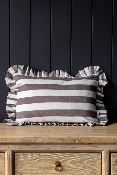 Thick Striped Brown Ruffled Lumbar Cushion Cover
