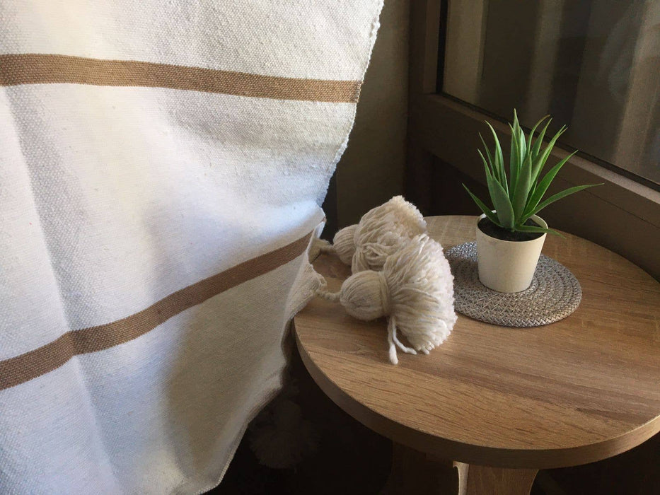 MOROCCO: Handmade Moroccan white pom-pom blanket with camel stripes