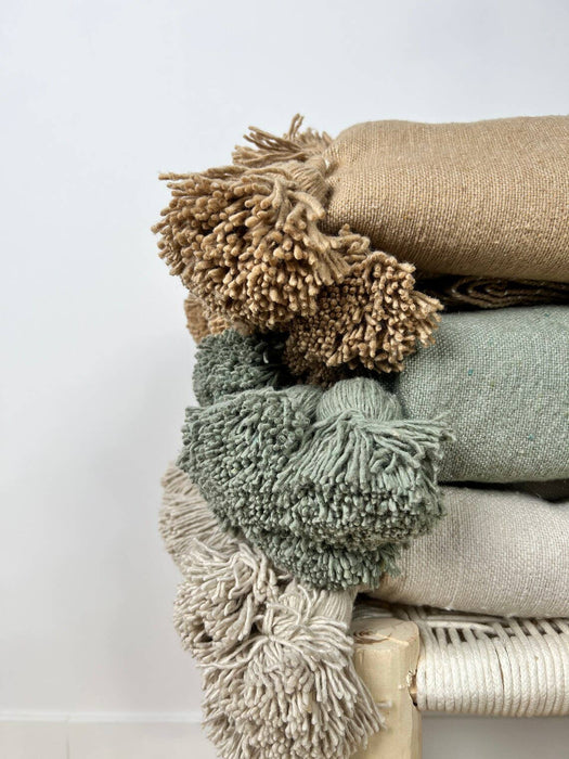 MOROCCO: Premium Handmade Feldgrau Tassel Throw Blanket from Morocco