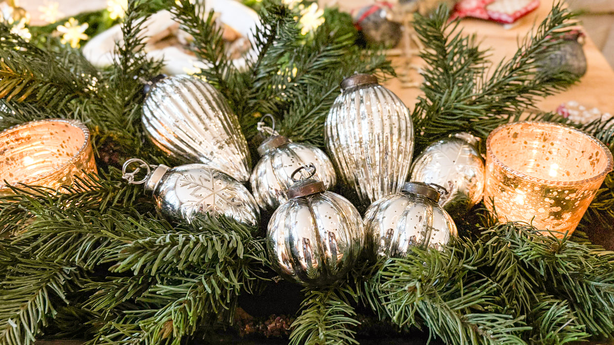 Set of three antique-effect glass Christmas baubles