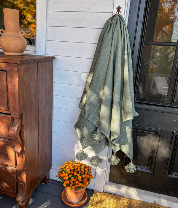 MOROCCO: Premium Handmade Feldgrau Tassel Throw Blanket from Morocco