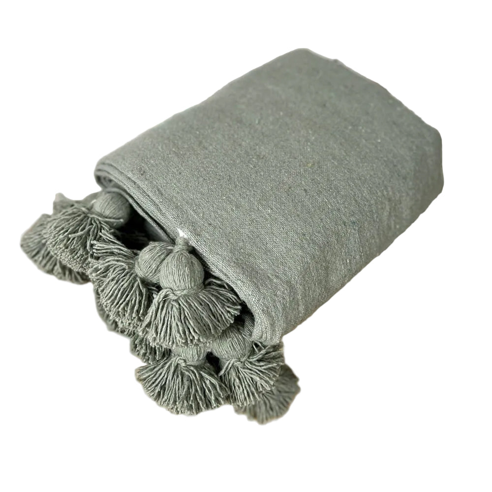 MOROCCO: Premium Handmade Feldgrau Tassel Throw Blanket from Morocco
