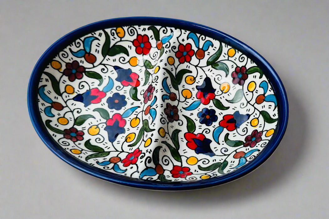 Oval Double Dip Side – Hand-Painted Palestinian Ceramic | Multicolor &amp; Navy