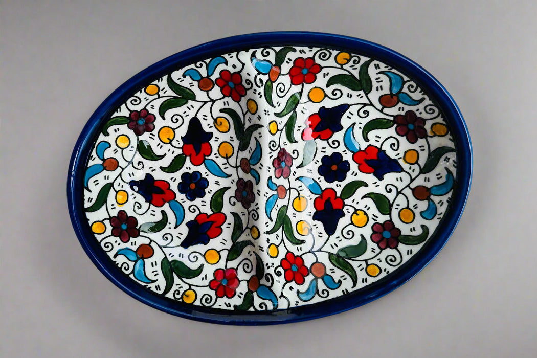 Oval Double Dip Side – Hand-Painted Palestinian Ceramic | Multicolor &amp; Navy