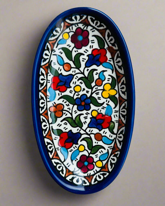 Oval Side Dishes | Small &amp; Large – Hand-Painted Palestinian Ceramic | Multicolor &amp; Navy