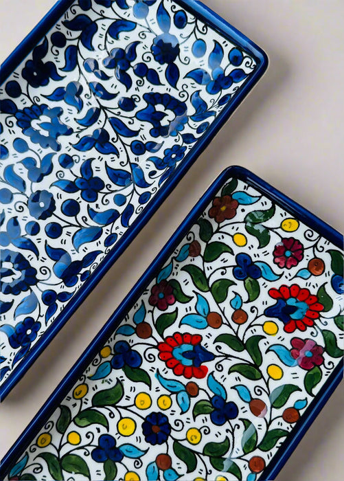 Serving Dishes | Round &amp; Rectangular – Hand-Painted Palestinian Ceramic | Multicolor &amp; Navy