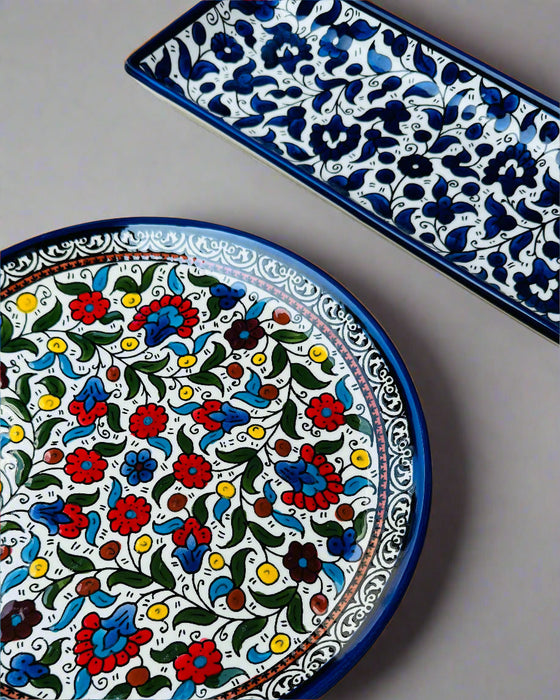 Serving Dishes | Round &amp; Rectangular – Hand-Painted Palestinian Ceramic | Multicolor &amp; Navy