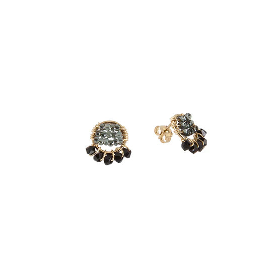 Mini crystal earrings with tassels (glossy graphite, black)