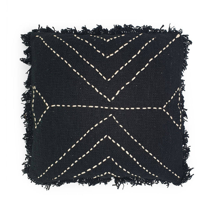 Black embroidered cotton cushion cover with fringes 50x50