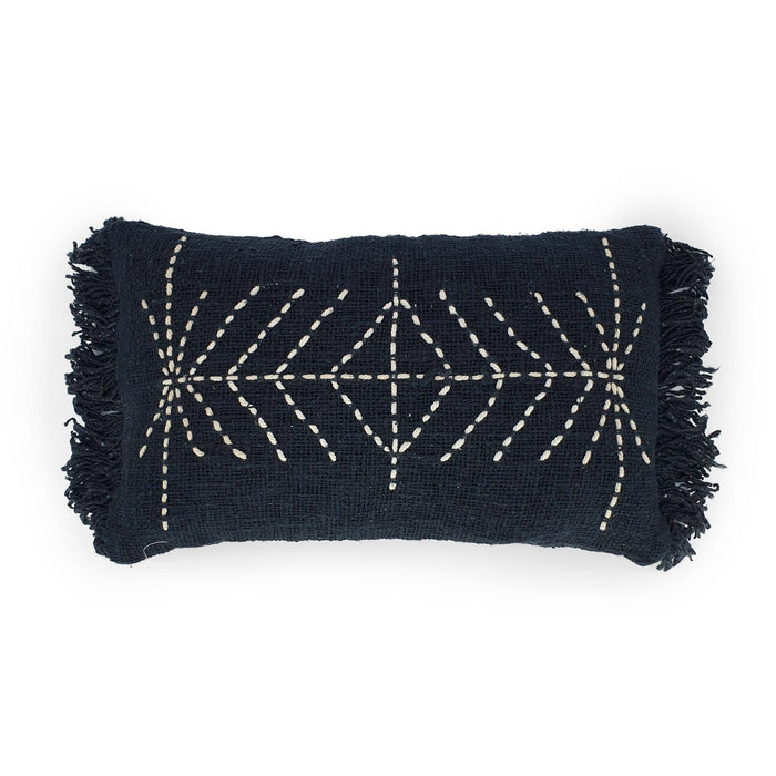 Black embroidered cotton cushion cover with fringes 50x30