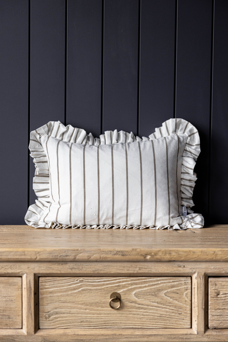 Lumbar Cushion Cover with Ruffles, White, Olive Green, and Thin Stripes