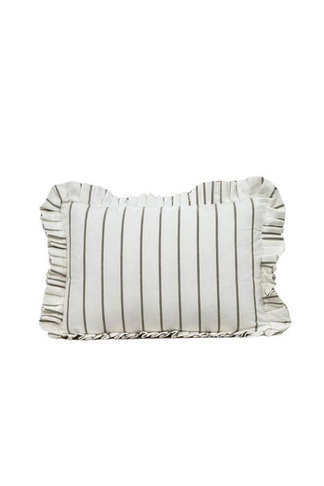 Lumbar Cushion Cover with Ruffles, White, Olive Green, and Thin Stripes