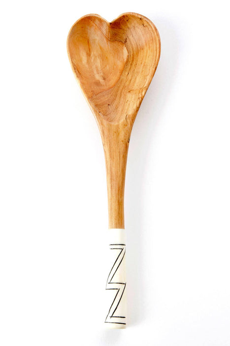 KENYA: Wild olive wood heart-shaped cooking spoon with zigzag handle