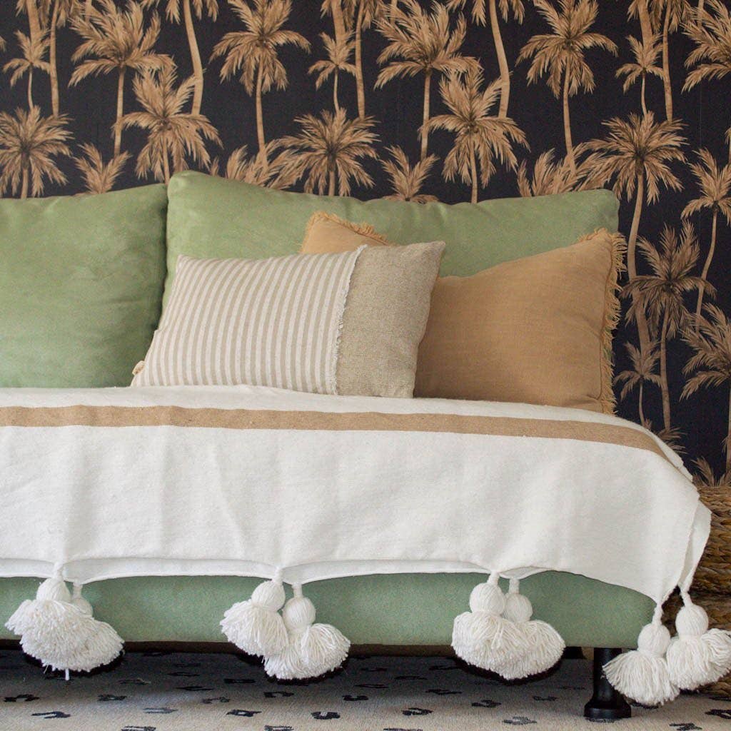 MOROCCO: Handmade Moroccan white pom-pom blanket with camel stripes