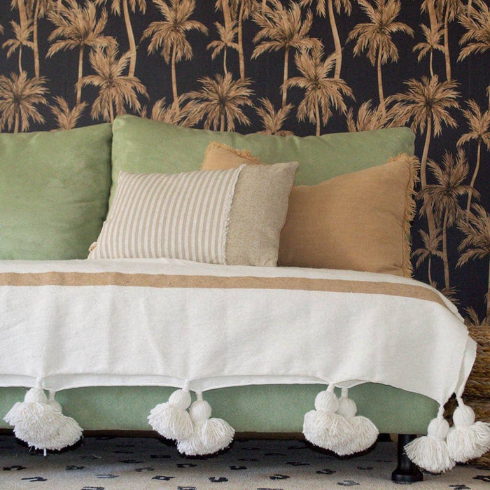 MOROCCO: Handmade Moroccan white pom-pom blanket with camel stripes