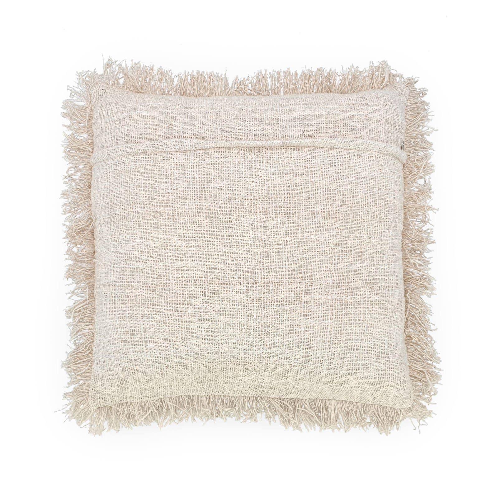 White embroidered cotton cushion cover with fringes 50x50