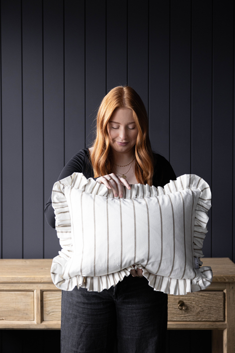 Lumbar Cushion Cover with Ruffles, White, Olive Green, and Thin Stripes