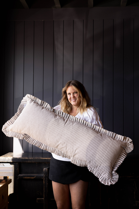 Brown and white striped Ruffle Bolster cushion cover